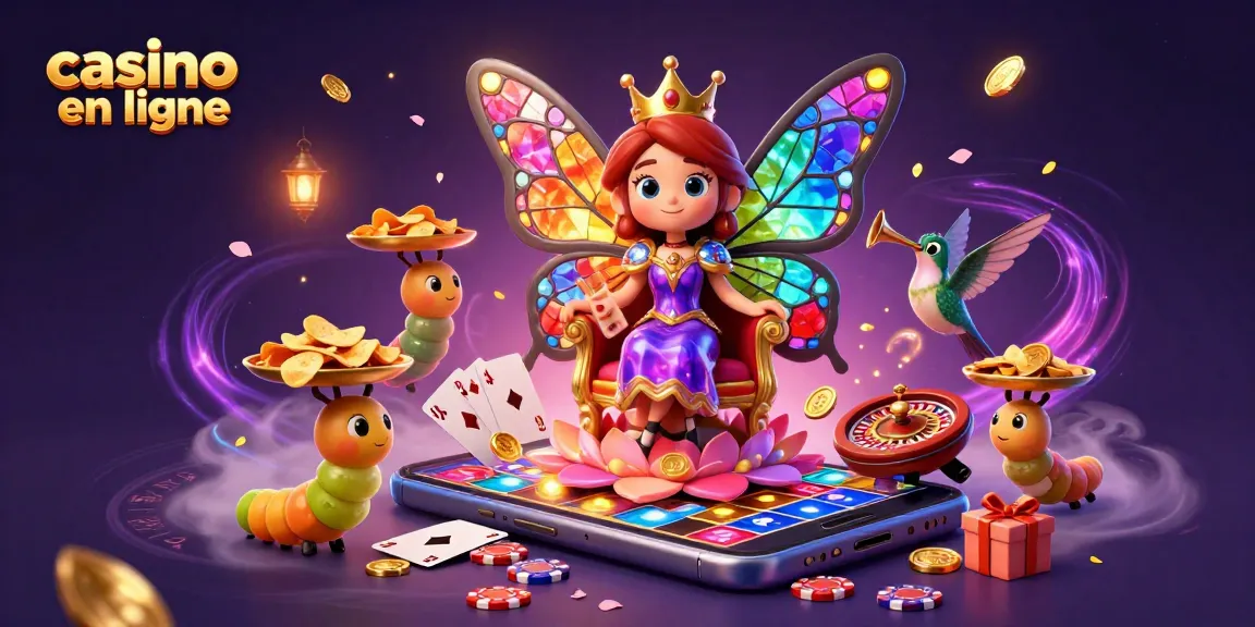 Illustration d'une reine papillon au casino en ligne, entourée de jeux et de jetons.