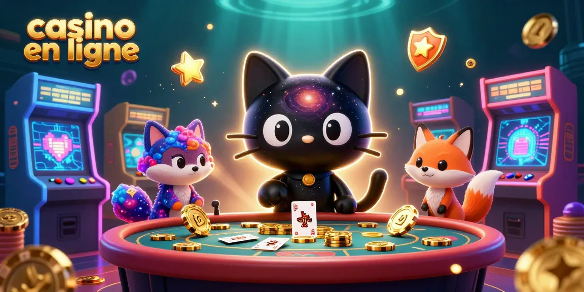 Jouer au casino en ligne avec un chat noir en trou de ver et un renard nébuleux, ambiance dynamique.