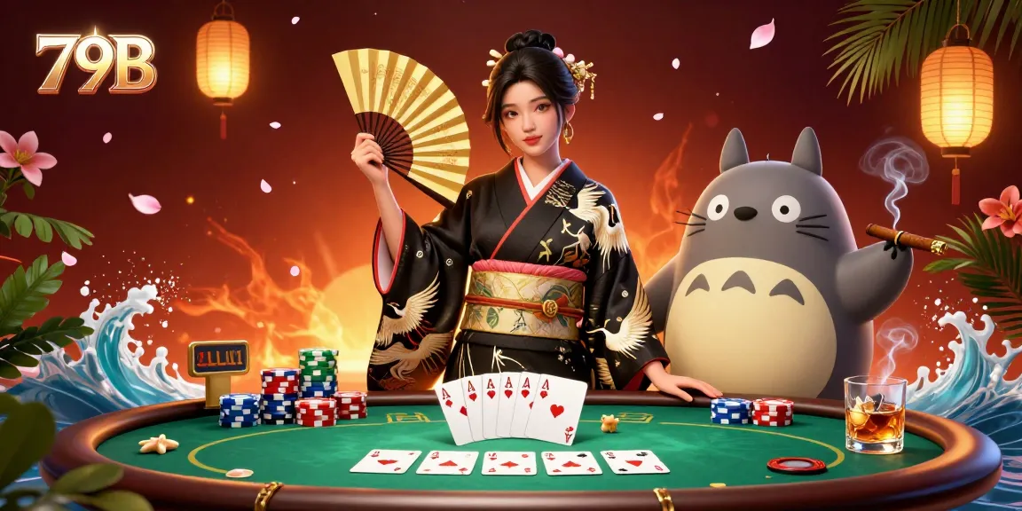 Experience thrilling poker insights with a 79B-themed 3D casino illustration, featuring vibrant game elements.
