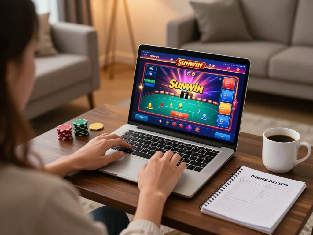 Engaging in a Sunwin online poker game from home, showcasing relaxed gaming environment and strategy.