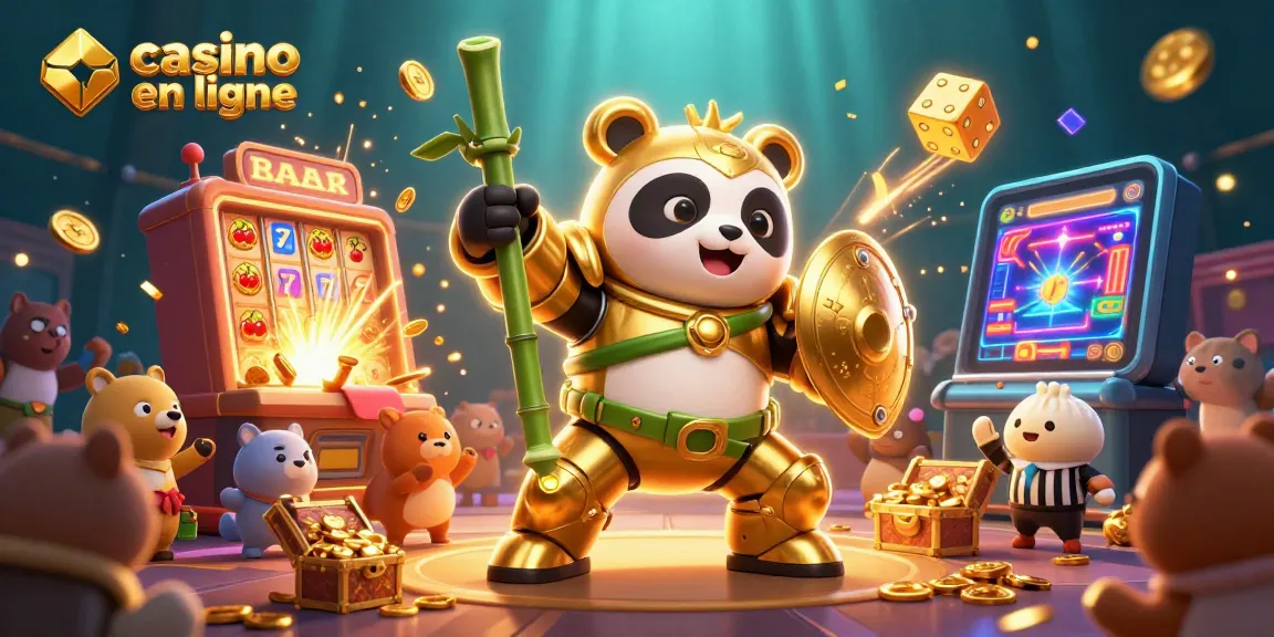 Illustration dynamique d'un panda doré en mech dans un casino en ligne, avec jackpot éclatant.