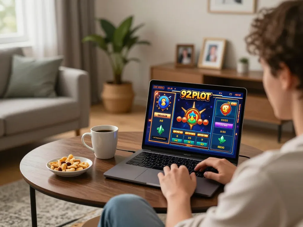 Player engaging in 92slot online gaming, showcasing strategic gameplay in a cozy home environment