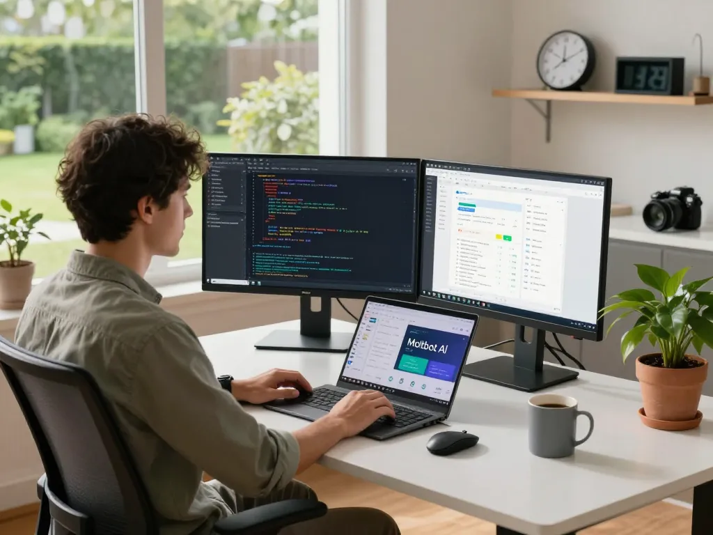 Moltbot AI in a modern home office setup showcasing productivity tools, coding on dual monitors.