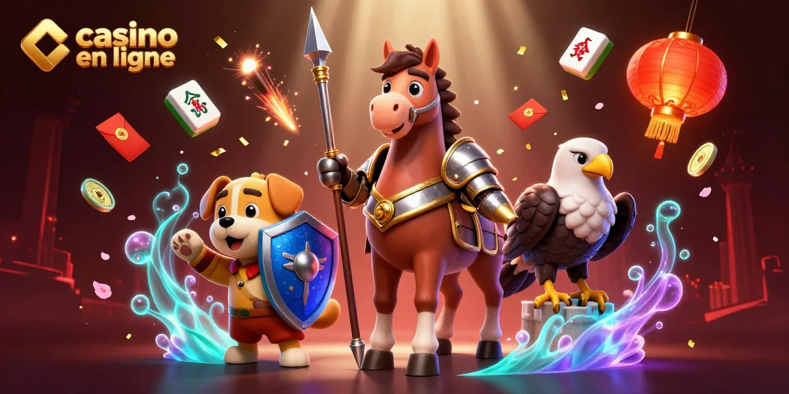 Illustration d'un chevalier médiéval et un chiot représentant le casino en ligne avec des éléments de jeu autour.