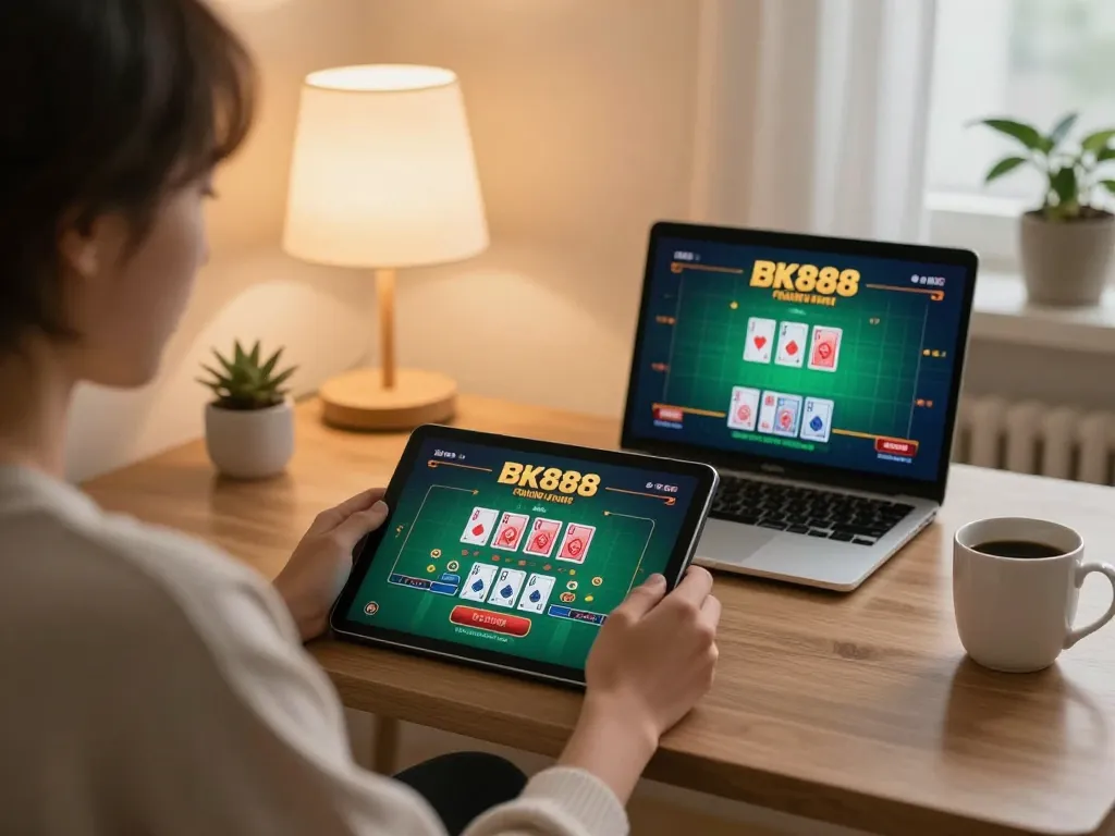 Engaging moment of a player enjoying BK888 live dealer blackjack on a tablet in a cozy home environment.