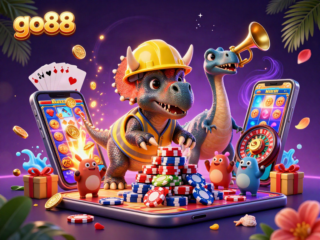 Engage with go88's exciting gaming experience alongside animated characters celebrating and playing.