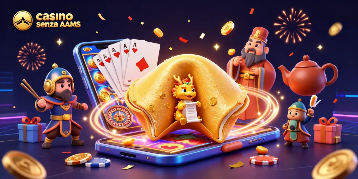 Scopri le offerte fortunose in casino senza AAMS con un drago e un biscotto dorato.