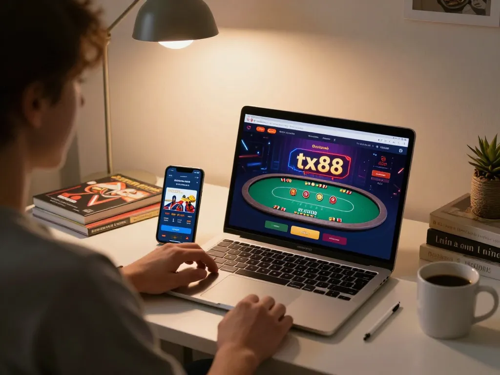 Engaging with tx88 online poker interface on laptop in cozy home gaming setup