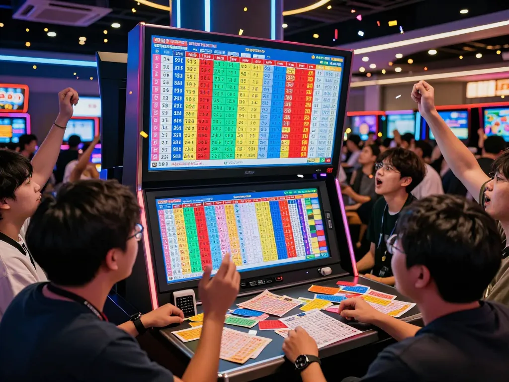 Excited players checking tickets during HK lotto live draw, celebrating winning numbers.