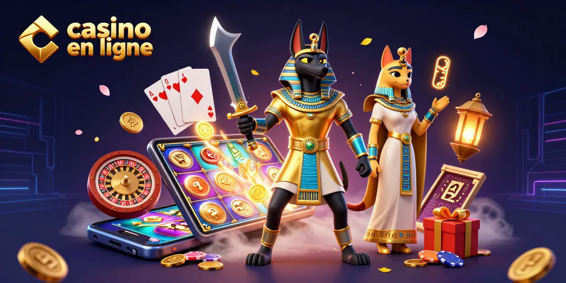 Explorez le monde des jeux à casino en ligne avec Anubis et Bastet dans cette scène dynamique.