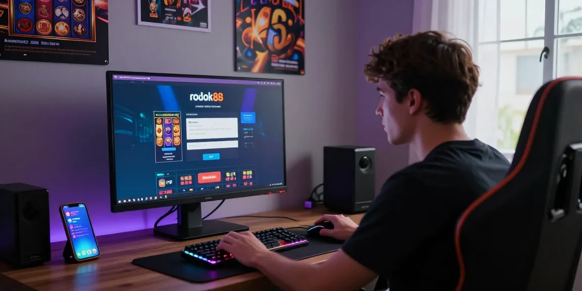 Engaging user experience at rokok88 slot login with a dynamic gaming setup, glowing screen, and stylish decor.