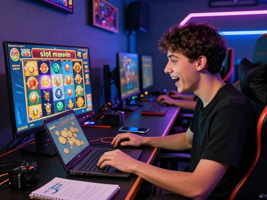 Excited gamer enjoying online slot maxwin experience in a vibrant gaming setup.