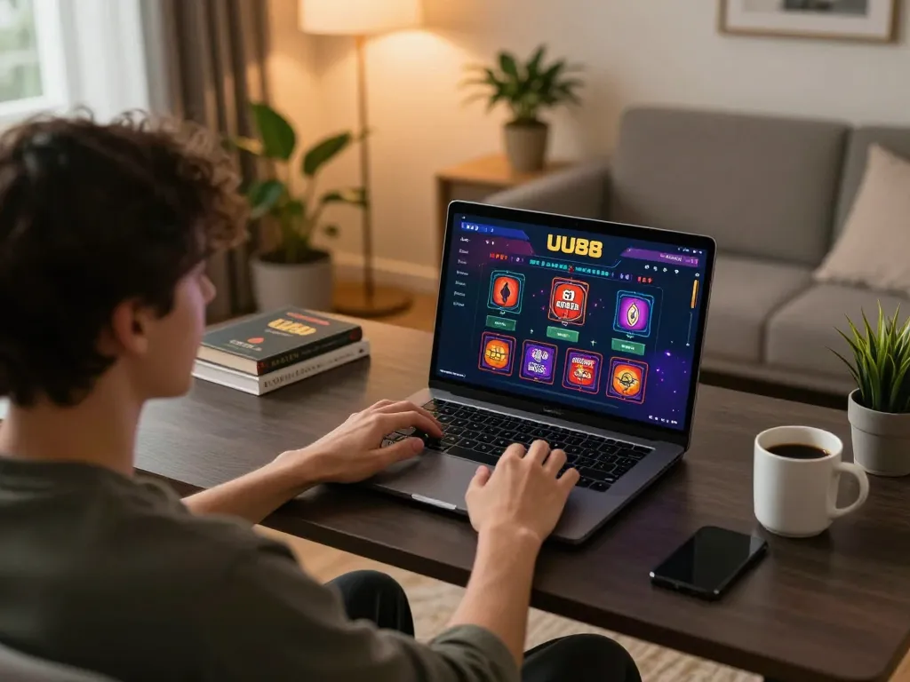 Engaging in online gambling at UU88 with a laptop in a cozy home setting