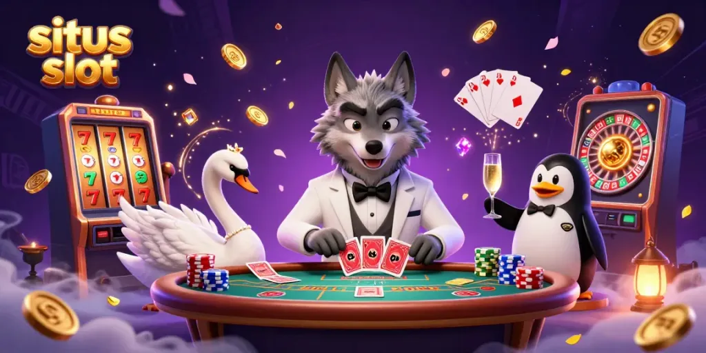Ilustrasi 3D kartun perpaduan karakter kasino elegan dengan "situs slot" yang menampilkan suasana permainan yang meriah.