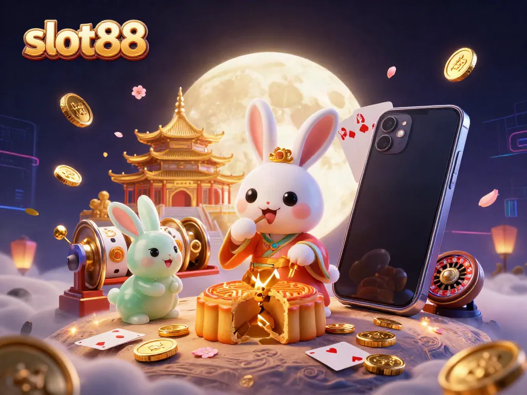 Engage in slot88 gaming with vibrant moon rabbit characters and poker chip-filled mooncakes.