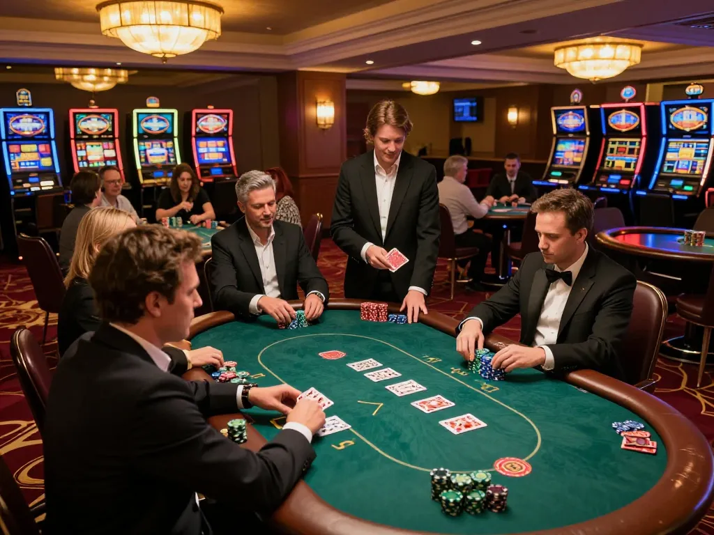 Engaged players in a poker game at an upscale casino, highlighting sites not on gamstop and the thrilling gambling experience.