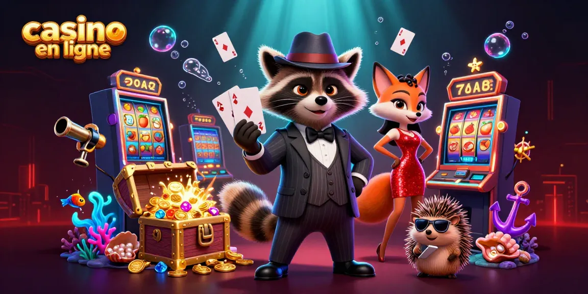 Illustration d'un casino en ligne avec un raton laveur gagnant une main exceptionnelle de poker et des éléments de jeux captivants.