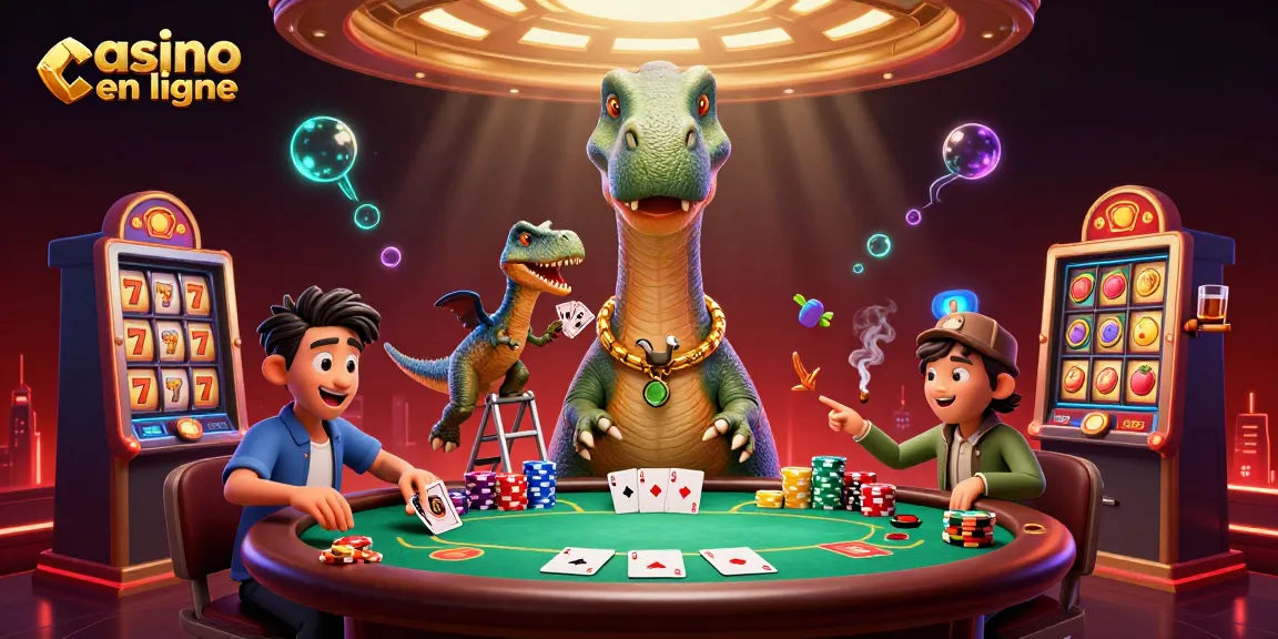 Scène animée dans un casino en ligne avec un brontosaurus géant observant une table de poker.