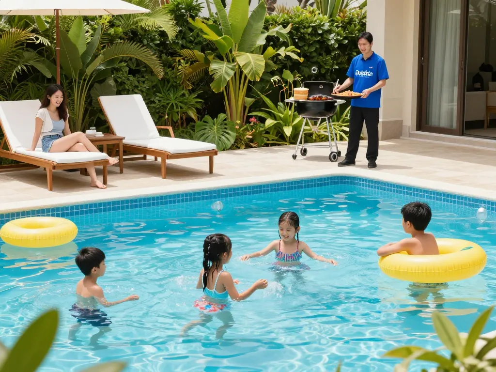 Dolphin Pool Services providing exceptional pool maintenance with a happy family enjoying their well-cared-for pool.