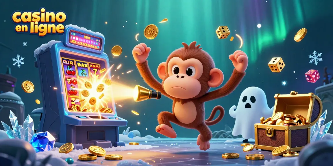 Joue au casino en ligne avec un singe malicieux et un chiot chasseur de fantômes, entourés de machines à sous.