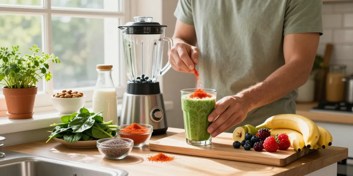 Preparing a vibrant smoothie with premium astaxanthin and fresh fruits in a sunlit kitchen.
