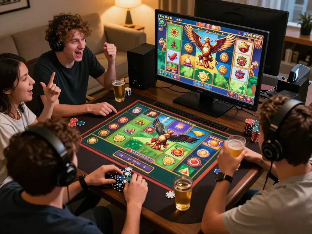 Players enjoying garuda slot online on their tablets with cheers in a lively home setting