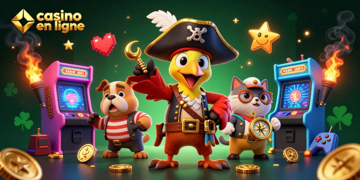 Jouez au casino en ligne avec un pirate, un bulldog et un chat, entourés de jeux colorés.
