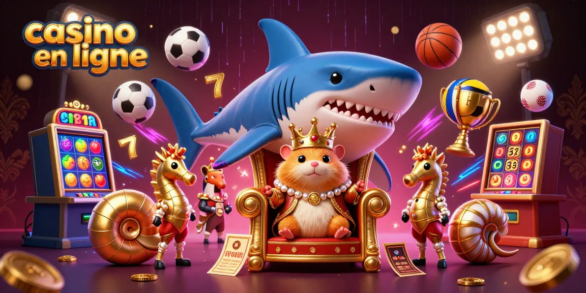 Illustration captivante représentant le roi hamster couronné dans un cadre de casino en ligne dynamique, jeu et gains.