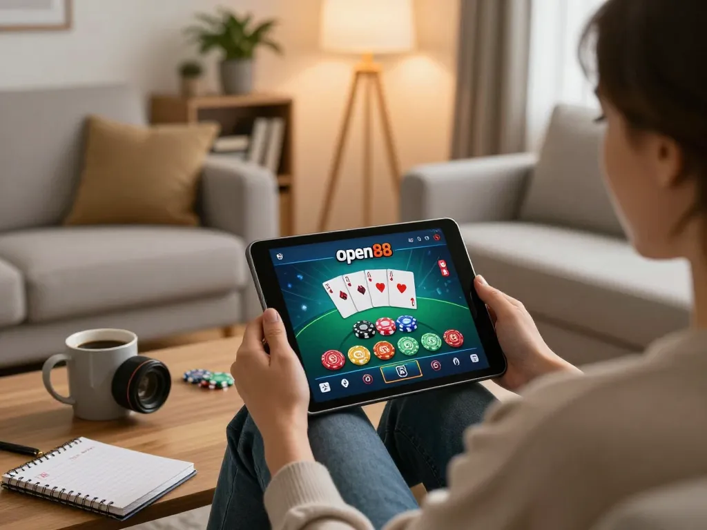 Engaging with open88 online casino on a tablet in a cozy home setting, perfect for strategic gameplay.