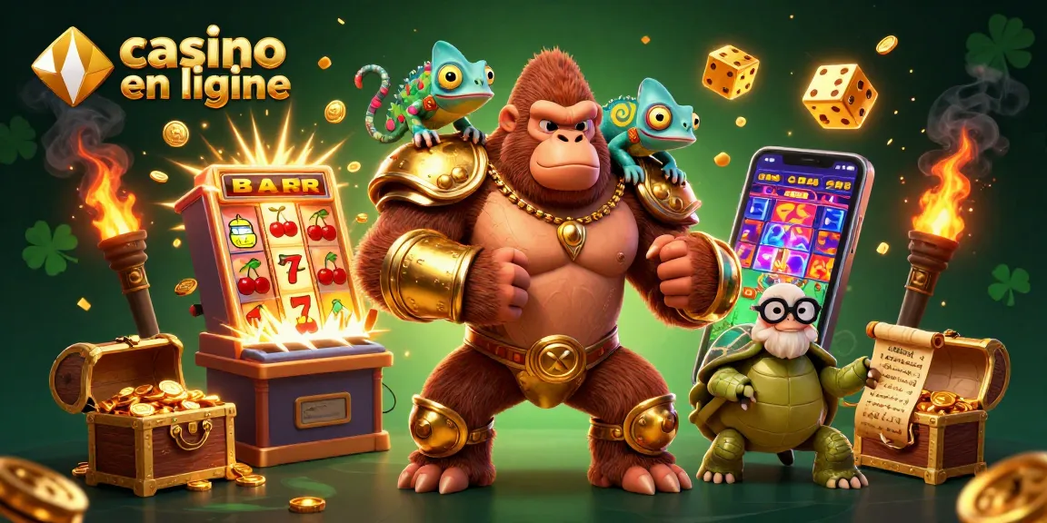 Jouez au casino en ligne avec un roi gorille puissant et des symboles de jackpot éclatants !