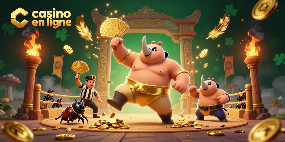 Illustration d'un combat de sumo avec un rhinocéros et un arbitre au casino en ligne, attrayant et dynamique.