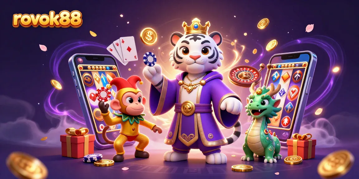 Engage with rokok88's vibrant gameplay featuring a cartoon tiger, monkey, and dragon amidst rich casino elements.