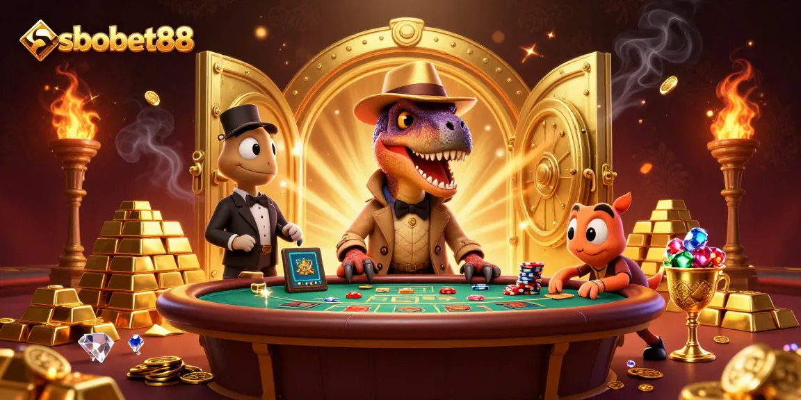 Experience sbobet88 thrills at a cartoon blackjack table with a velociraptor card counter.