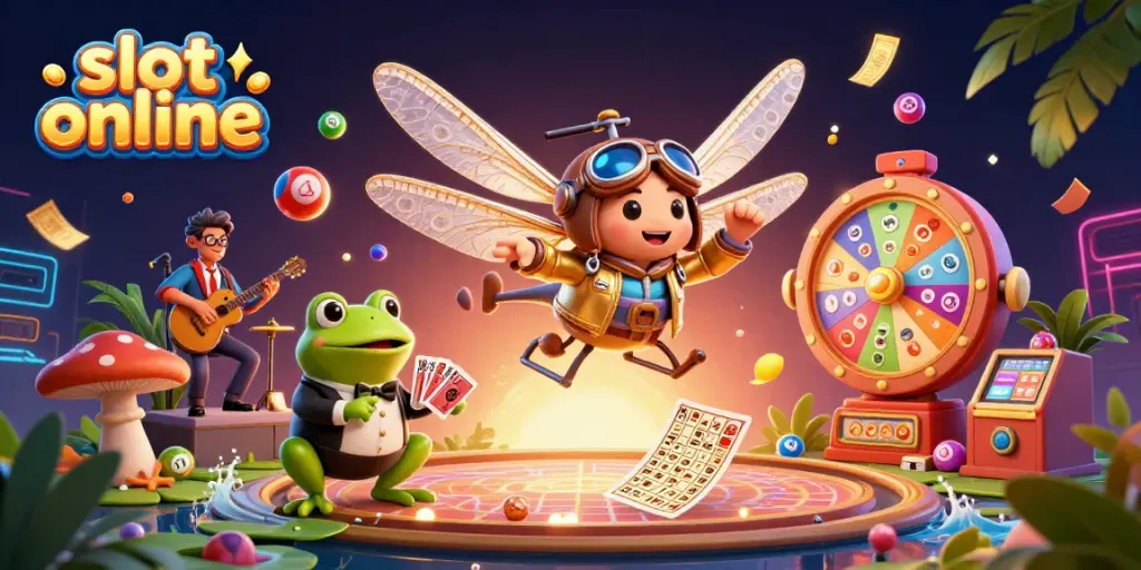 Engage with slot online gameplay featuring a cartoon dragonfly pilot and a frog dealer in a lively casino scene.
