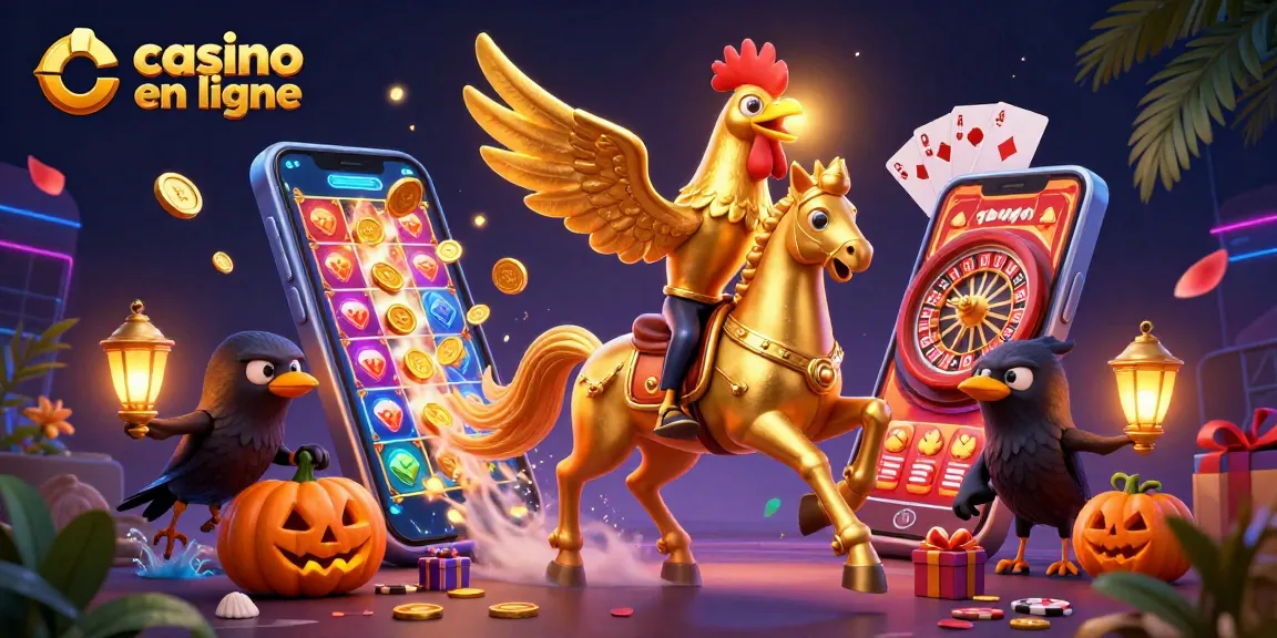 Vivez l'excitation du marché des casinos en ligne avec cette illustration vibrante montrant des jeux sur smartphone et des pièces d'or.