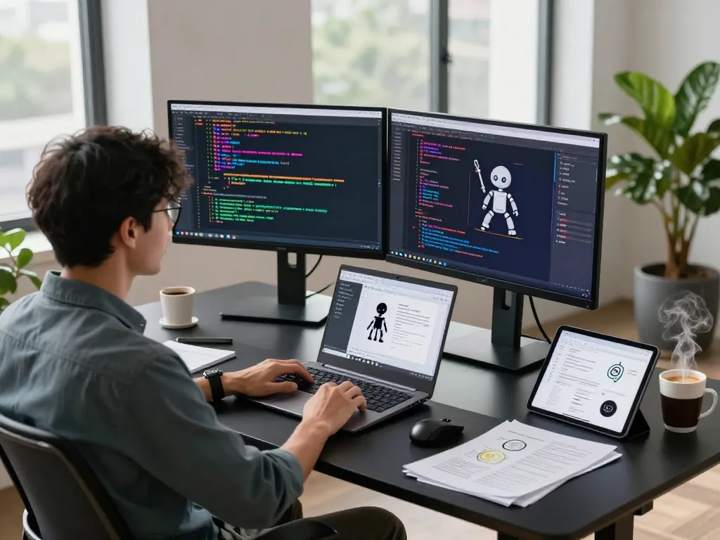 Programmer developing clawbot AI software in a modern tech workspace