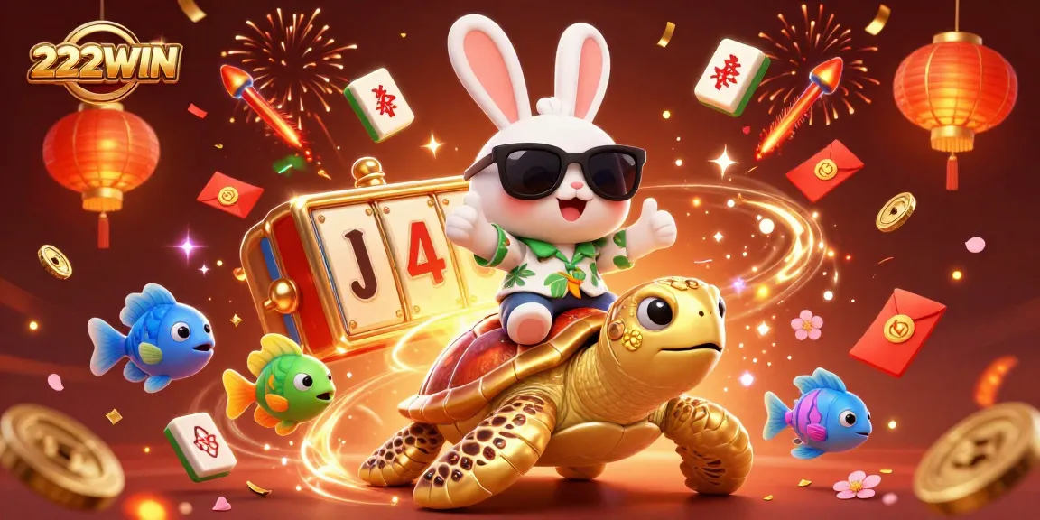 Experience excitement with 222WIN as a lucky rabbit and golden turtle celebrate vibrant casino adventures!