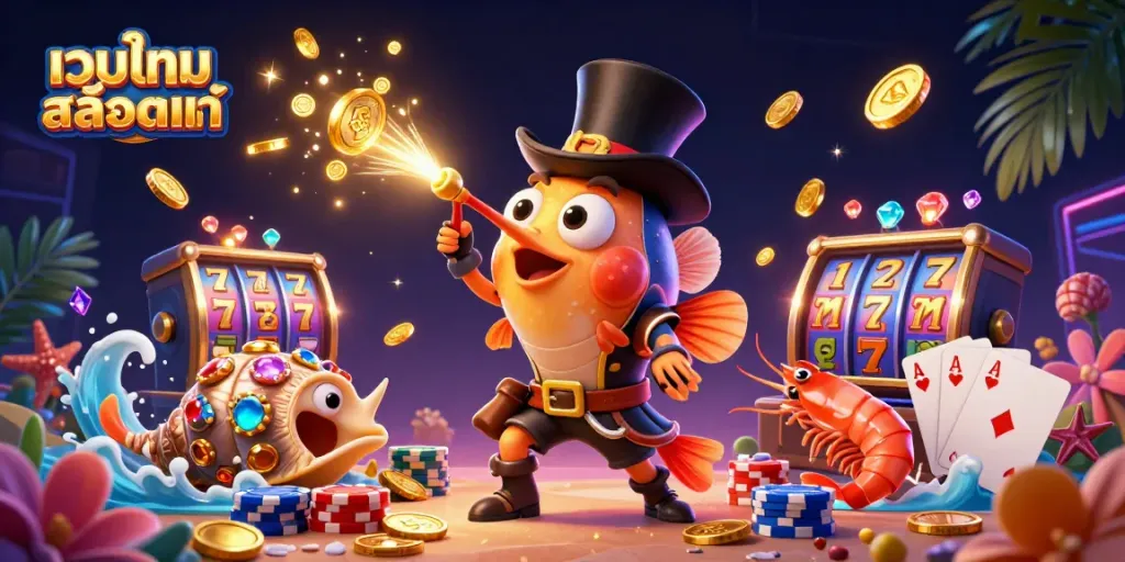 Delve into เว็บเกมสล็อตแท้ as a deep-sea anglerfish attracts golden coins in a vibrant casino-inspired scene.