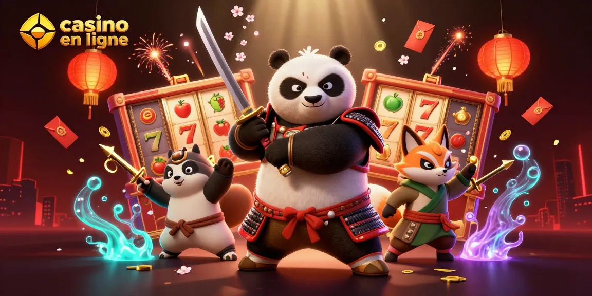 Jouer aux machines à sous dans un casino en ligne avec un ours panda samouraï et un renard ninja.
