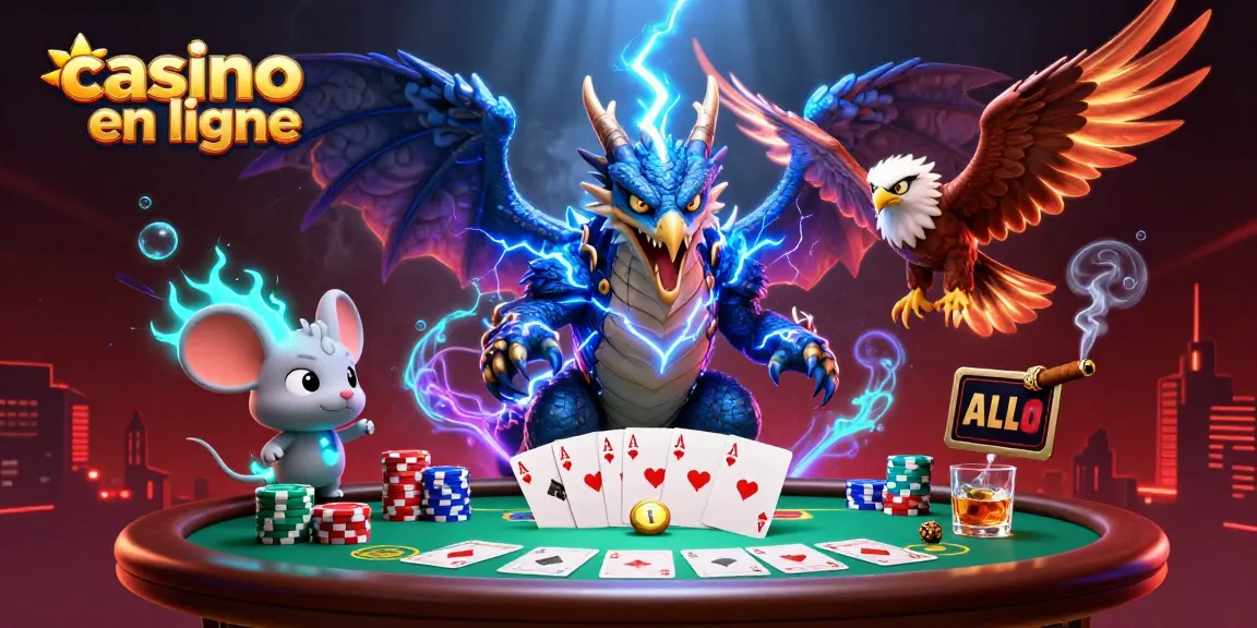 Des personnages de dragon et d'oiseau radiant devant une table de poker dans un casino en ligne dynamique.