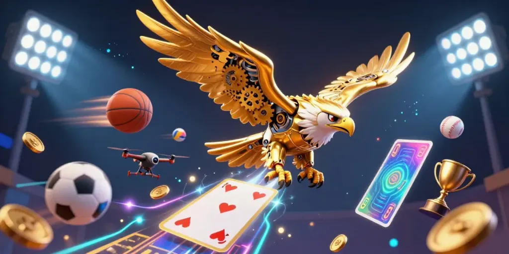 Experience exciting togel 4d action with a dynamic 3D cybernetic eagle amidst flying sports elements.