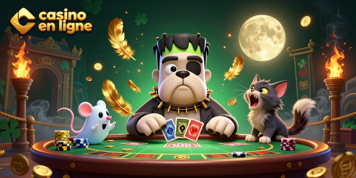 Plateau de casino en ligne avec un bulldog Frankenstein jouant des cartes, offrant une ambiance animée.
