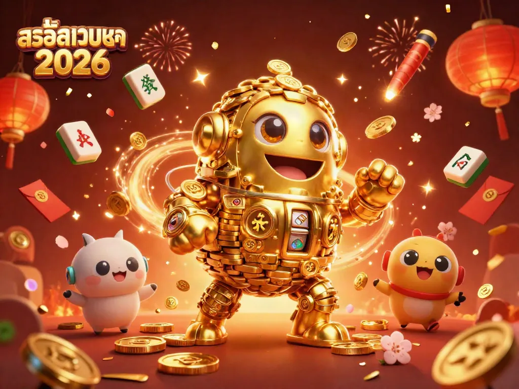 Engage in thrilling action with สล็อตเว็บตรง 2026 featuring a golden golem and vibrant casino elements.