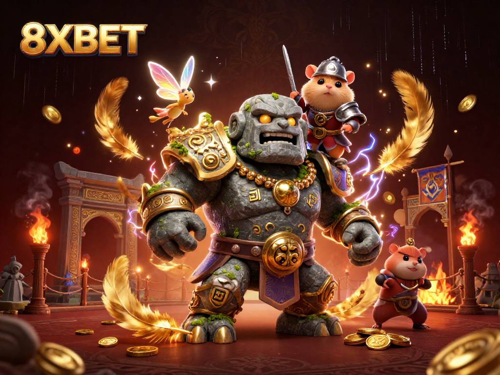 Experience 8XBET gaming magic with golem guardians, fairies, and vibrant casino elements.