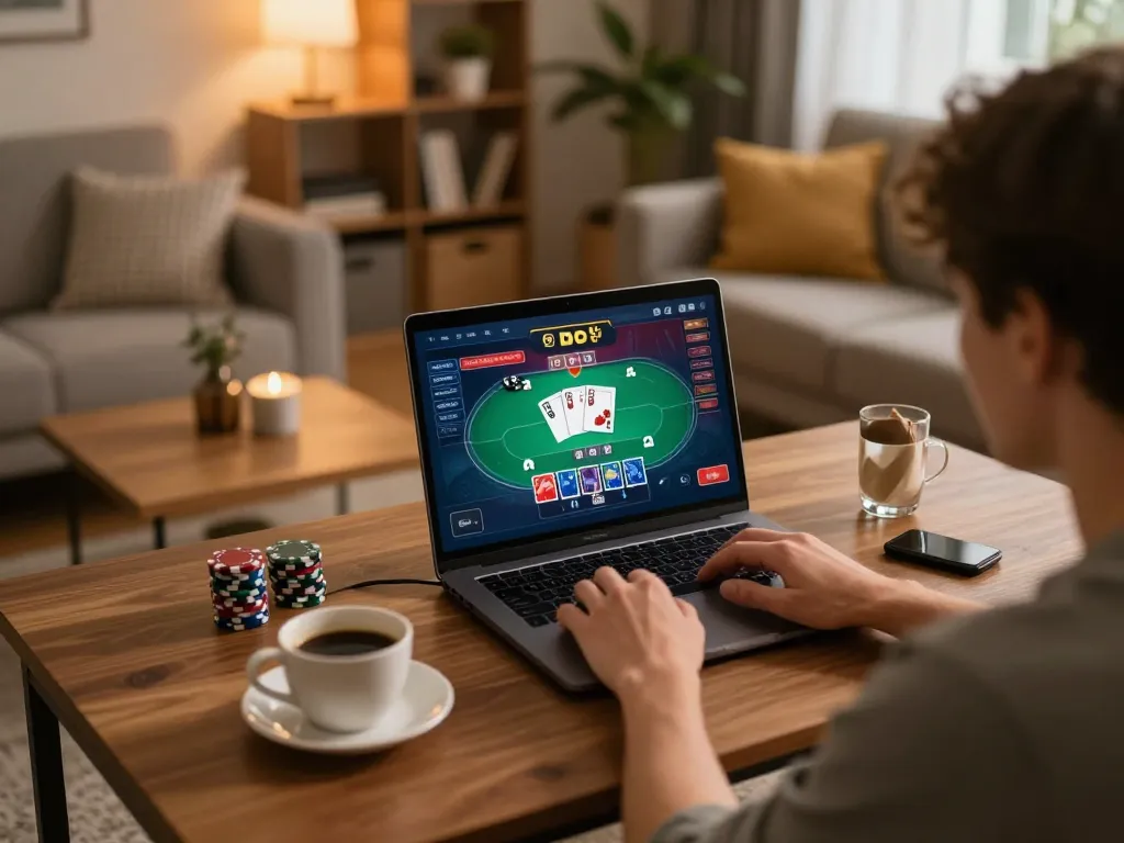Engaging with casino gameplay on 388bet's platform from a cozy home setup.