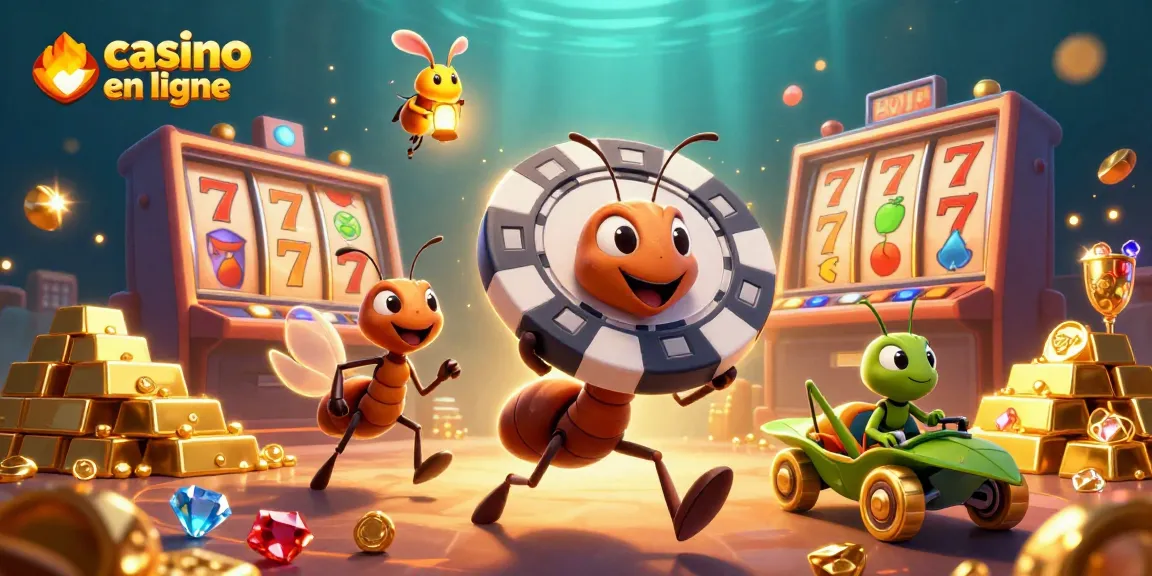 Les fourmis transportent une puce de poker géante au casino en ligne, entourées de richesses scintillantes.