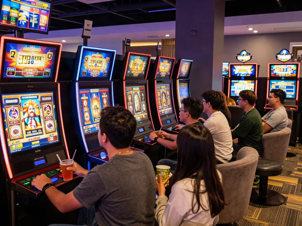 Engaged players enjoying slot gacor maxwin experience in a vibrant gaming lounge.
