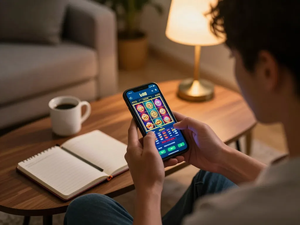 Player enjoying a thrilling game on the app lc88 while tracking bets in a cozy home setting.