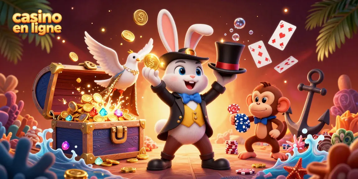 Un magicien et une colombe brillants, représentant le casino en ligne, entourés de trésors et de jeux.