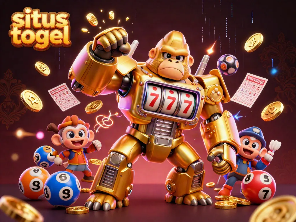 Situs togel promotions illustrated with a golden gorilla mech and lottery elements, showcasing dynamic action for players.